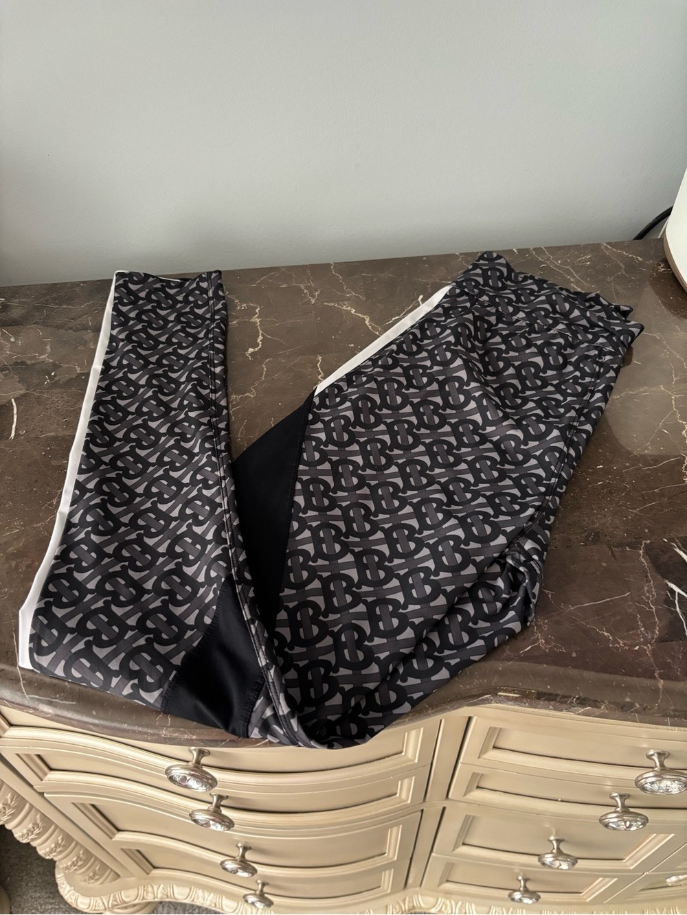 Womens Burberry Black and White Monogram Leggings with Side Stripe